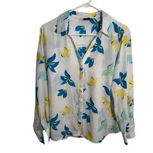 Worthington Button Down Blouse White Blue Floral PL